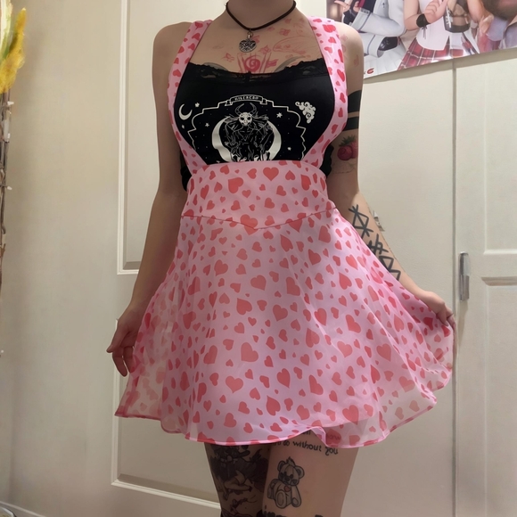 Sugar Thrillz Dresses & Skirts - Sugar Thrillz ✦ Love Surrounds Me Pinafore Skirt ✦ Pink Hearts Organza S EUC